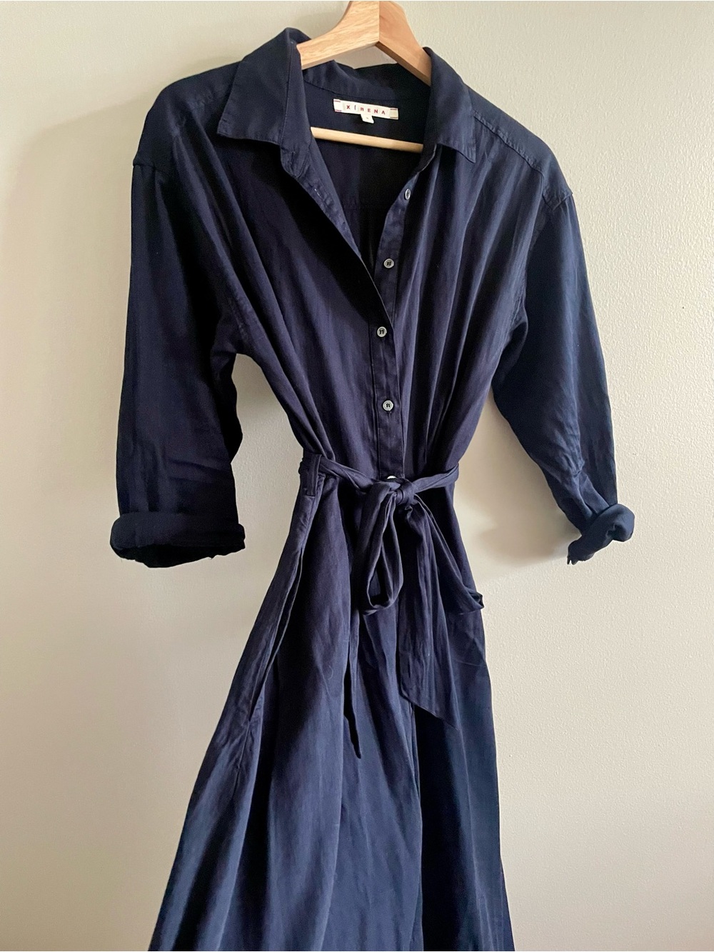 Xirena “Everr” Navy Button-Front Shirt Dress with Tie Waist, Size Small